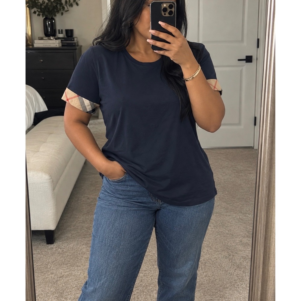 Burberry Brit Womens Navy Blue Nova Check Cuff Short Sleeve T-Shirt Size L